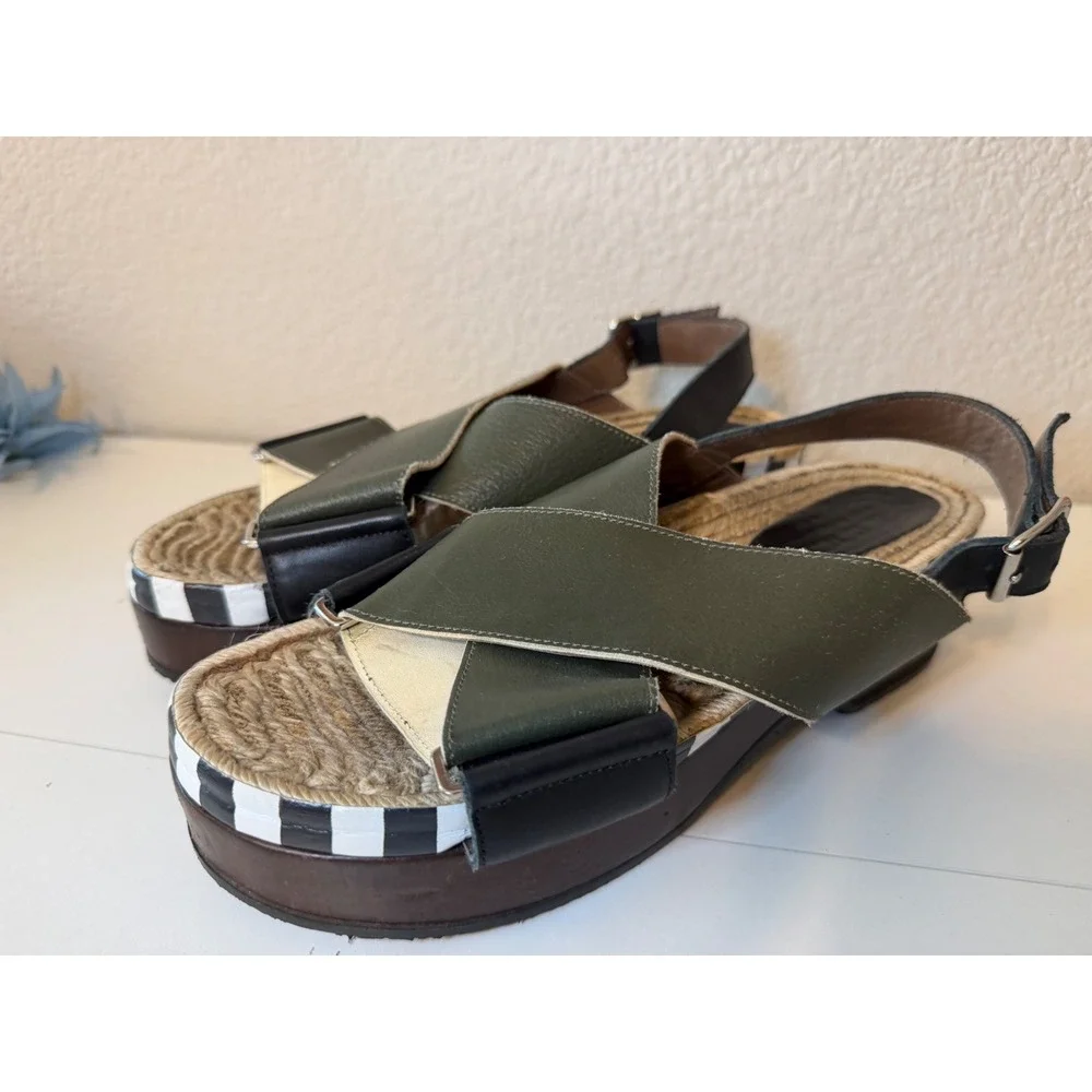 Marni Olive Green Leather Espadrille Platform Slingback Sandals Striped Trim